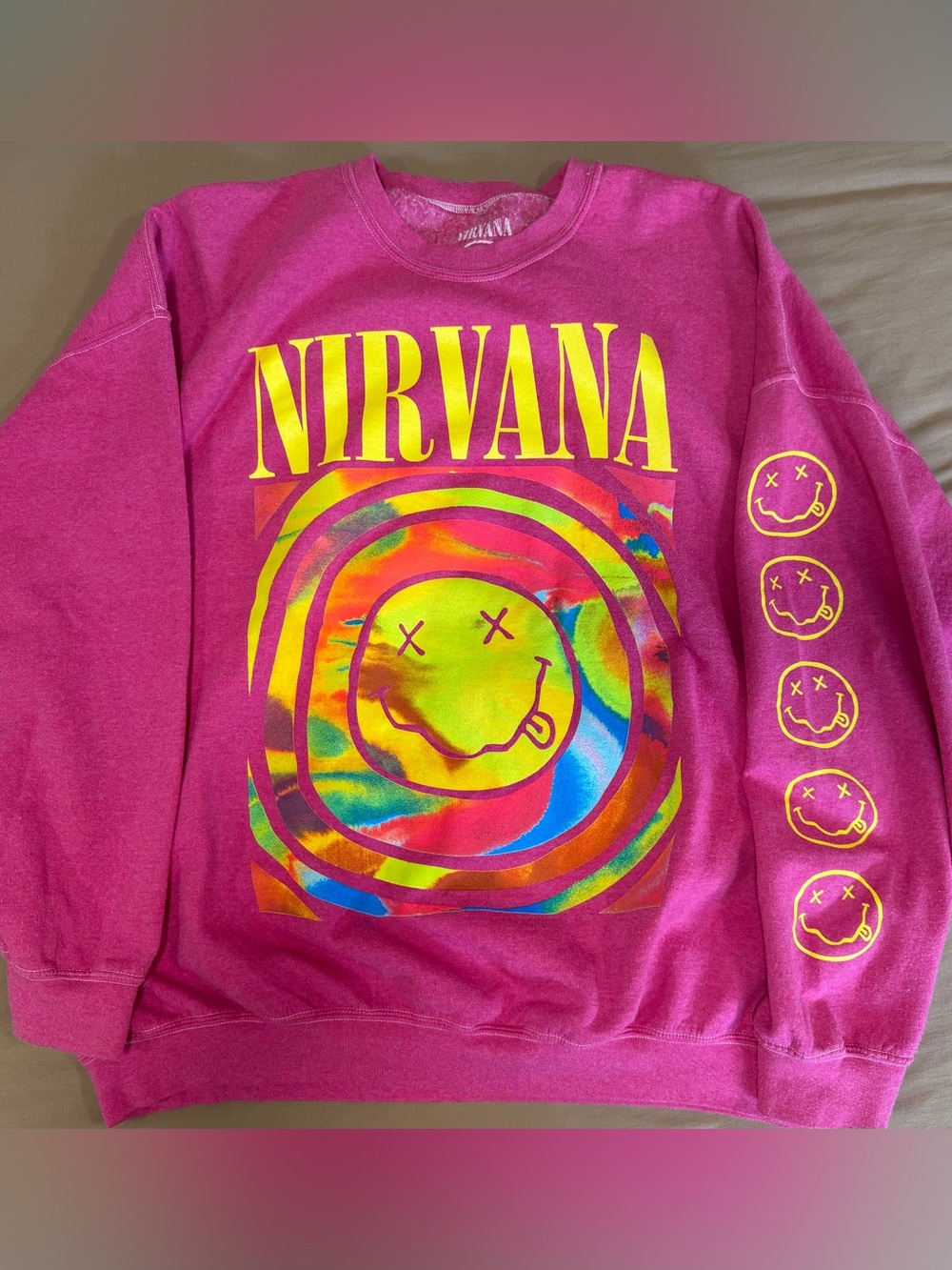 NIRVANA Pink Crewneck Sweatshirt with Multicolor Smiley Graphic